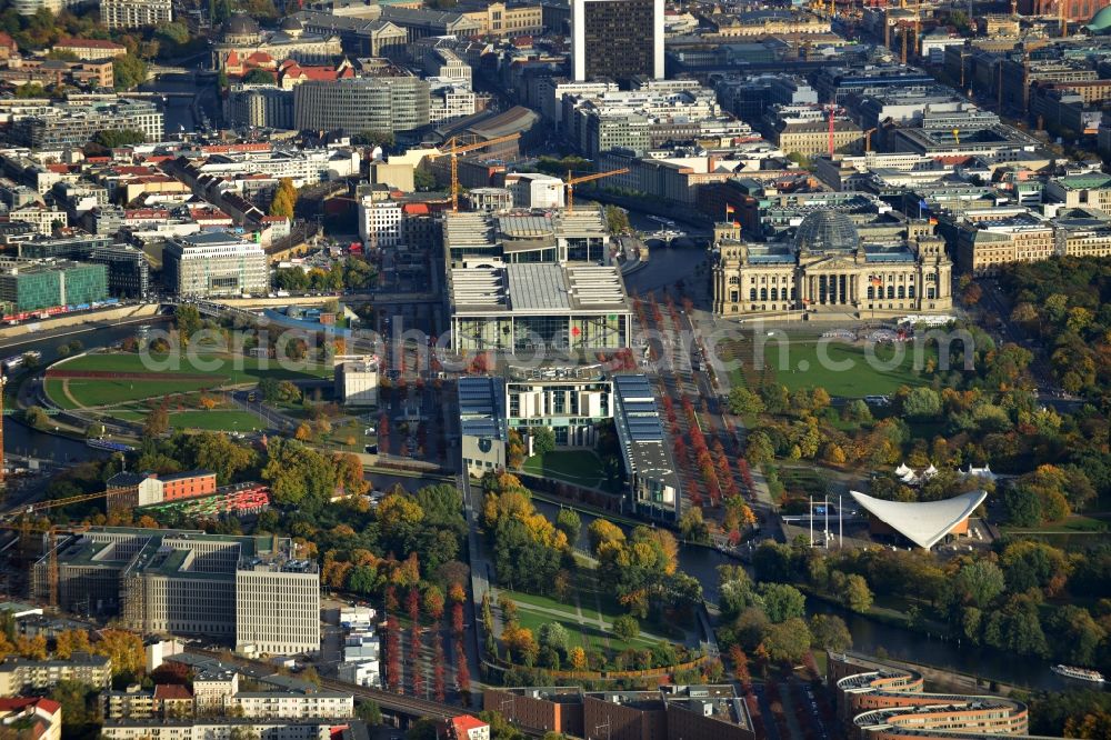 Berlin from above - Federal Chancellery between the Spree and Tiergarten Spree on the Berlin government district in the center of the German capital Berlin