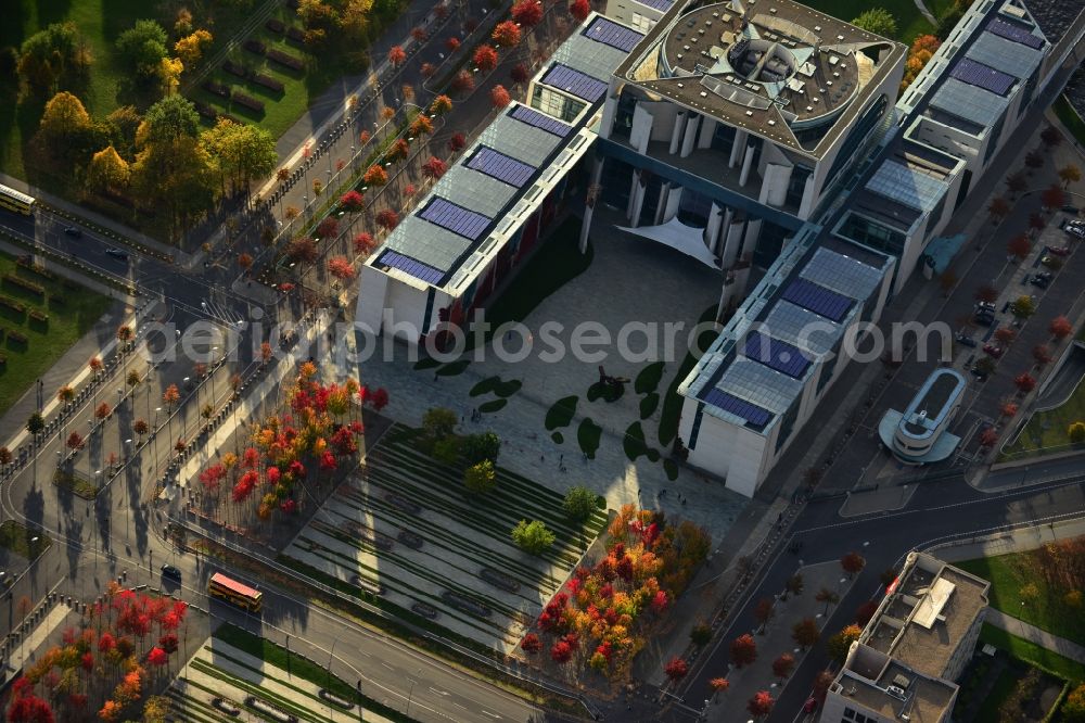 Berlin from the bird's eye view: Federal Chancellery between the Spree and Tiergarten Spree on the Berlin government district in the center of the German capital Berlin