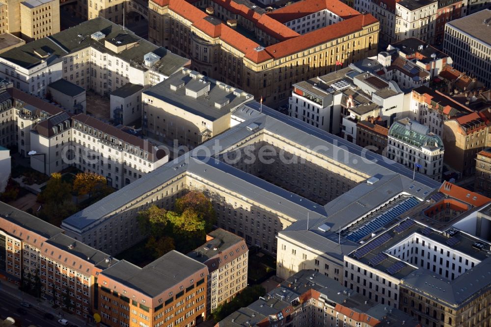 Berlin from the bird's eye view: View of the Federal Ministry of Labour and Social Affairs ( FMLAS ) at Wilhelmstrasse in the Tiergarten district of Berlin - Mitte. The historical building was office of the Reich Ministry of Public Enlightenment and Propaganda during the time of National Socialism. Later on German Democratic Republic ( GDR ) President Wilhelm Pieck was using it as a place of residence. After extensive modernisation and renovation works by architect Paul Kleinhues, the FMLAS moved into its main office near Wilhelmplatz