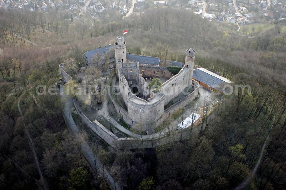 Bensheim - Auerbach from above - Blick auf die Burg Auerbach in Bensheim-Auerbach in Hessen. Heute wird auf der Burgruine aus dem 13. Jahrhundert Erlebnisgastronomie mit Ritterturnieren und mittelalterlichen Spielen angeboten. View to the castle Auerbach in Bendersheim-Auerbach in Hesse. Today the castle ruin from the 13. century is used for experience catering trade with jousts and medieval plays.