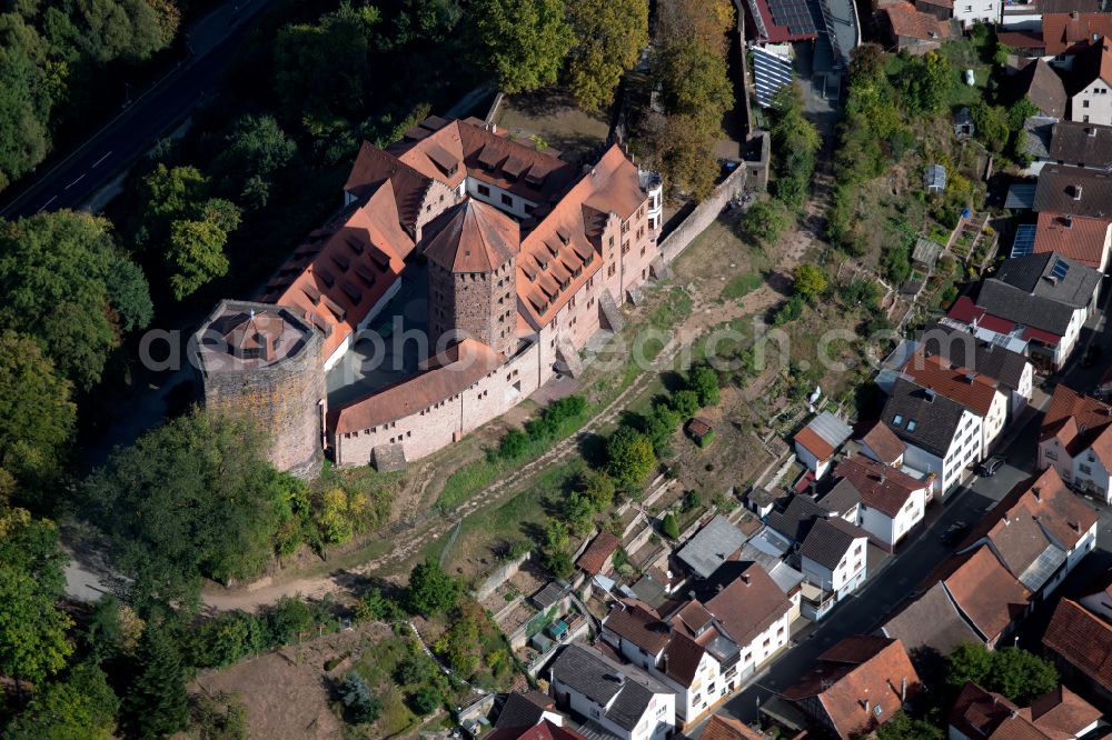 Rieneck from above - Castle of the fortress Burg Rieneck on street Schlossberg in Rieneck in the state Bavaria, Germany