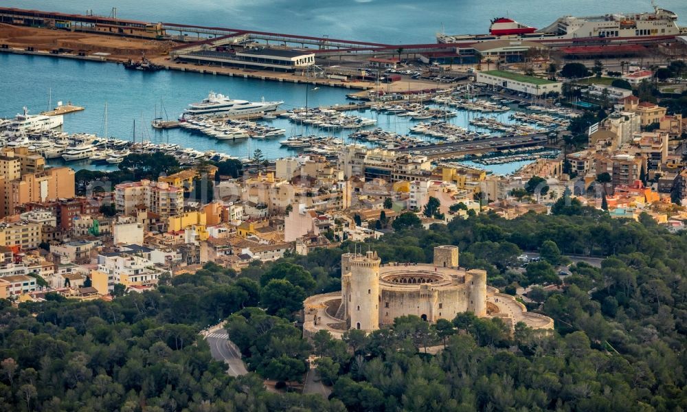 Aerial image Palma - Castle of the fortress Castell de Bellver on Carrer Castell de Bellver - Carrer Camilo Jose Cela overlooking the local port in the district Ponent in Palma in Balearische Insel Mallorca, Spain