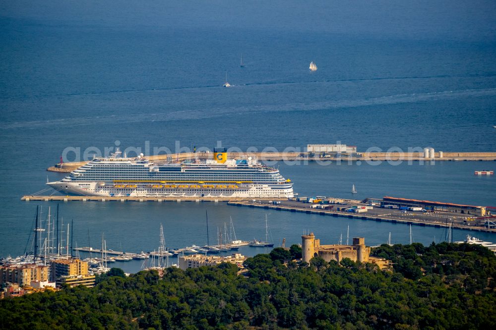 Aerial image Palma - Castle of the fortress Castell de Bellver on Carrer Castell de Bellver - Carrer Camilo Jose Cela overlooking the local port in the district Ponent in Palma in Balearische Insel Mallorca, Spain