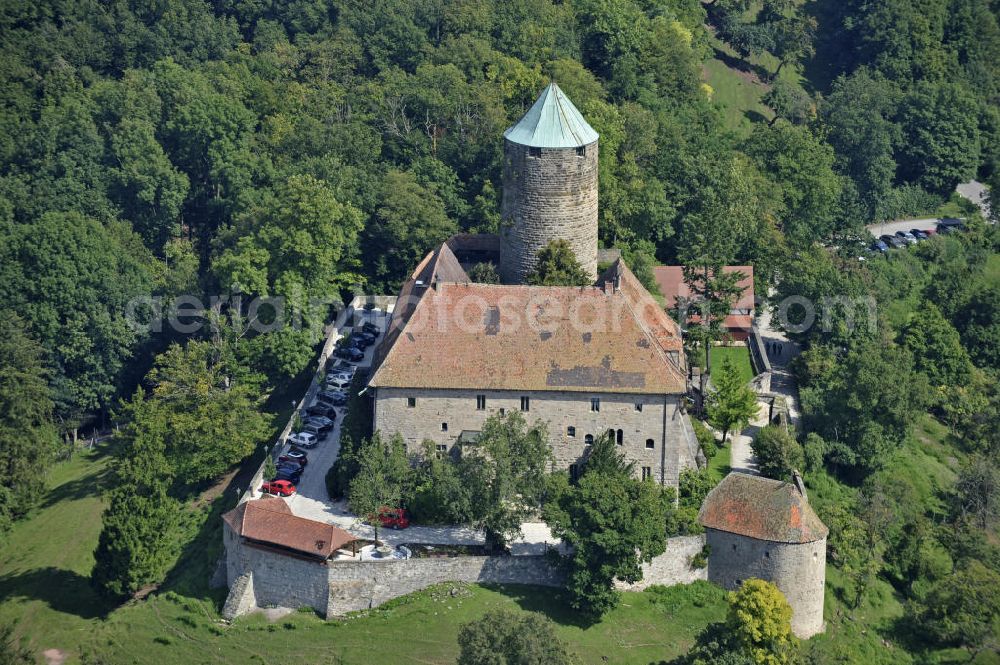 Aerial image Colmberg - Blick auf die Burg Colmberg. Die Burg wurde im 12. Jahrhundert zur kaiserlichen Reichsburg ausgebaut. Heute wird auf der Burg ein Hotel betrieben. View of the Castle Colmberg. The castle was expanded in the 12th Century as a imperial castle. Today the castle is a hotel.