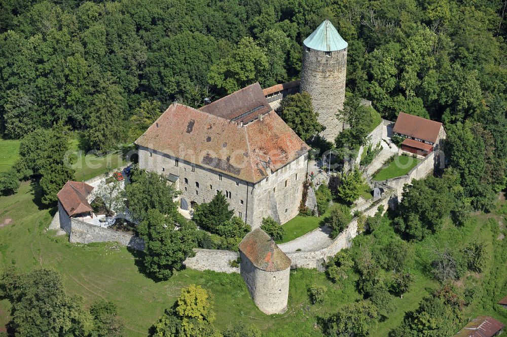 Aerial image Colmberg - Blick auf die Burg Colmberg. Die Burg wurde im 12. Jahrhundert zur kaiserlichen Reichsburg ausgebaut. Heute wird auf der Burg ein Hotel betrieben. View of the Castle Colmberg. The castle was expanded in the 12th Century as a imperial castle. Today the castle is a hotel.