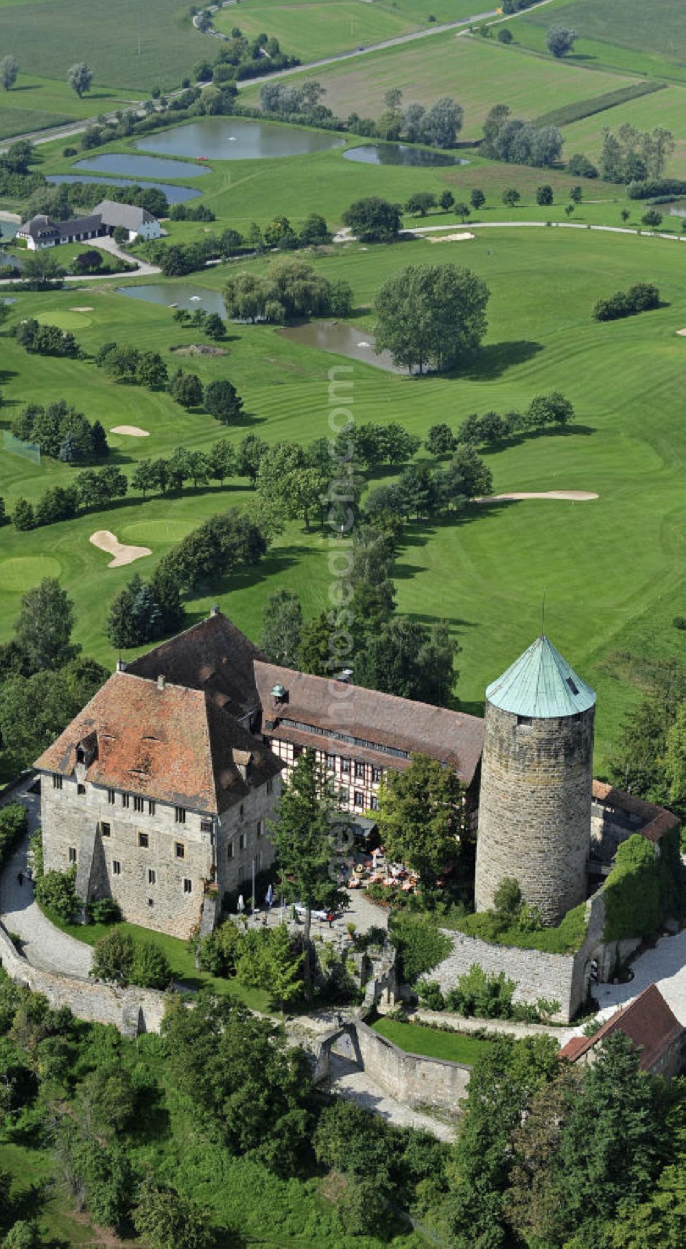 Aerial image Colmberg - Blick auf die Burg Colmberg. Die Burg wurde im 12. Jahrhundert zur kaiserlichen Reichsburg ausgebaut. Heute wird auf der Burg ein Hotel betrieben. View of the Castle Colmberg. The castle was expanded in the 12th Century as a imperial castle. Today the castle is a hotel.