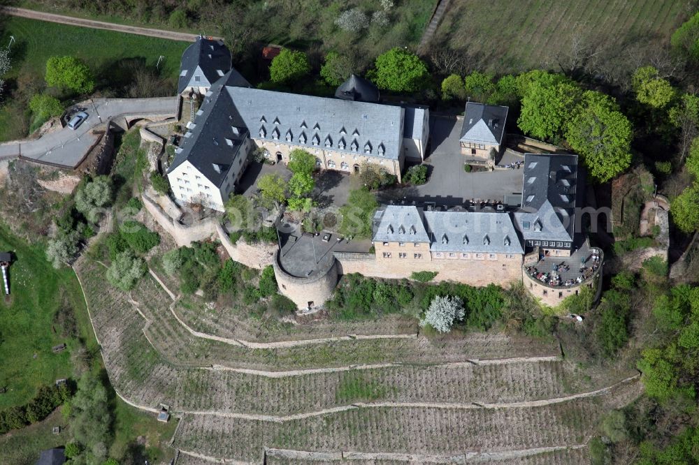 Bad Münster am Stein-Ebernburg from the bird's eye view: Ebernburg castle in Bad Münster am Stein Ebernburg in the state of Rhineland-Palatinate. Built in 1338 by Raugraf Ruprecht and Count Johann of Sponheim-Kreuznach, the birthplace of Franz of Säckingen, Today: hotel, conference center and tourist restaurant