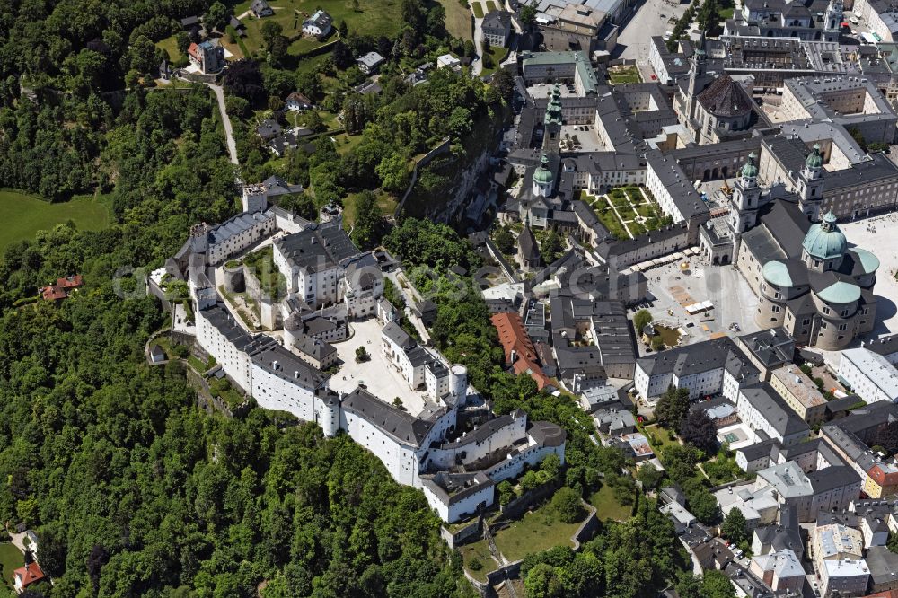 Salzburg from above - Castle of the fortress Festung Hohensalzburg on street Moenchsberg in Salzburg in Austria