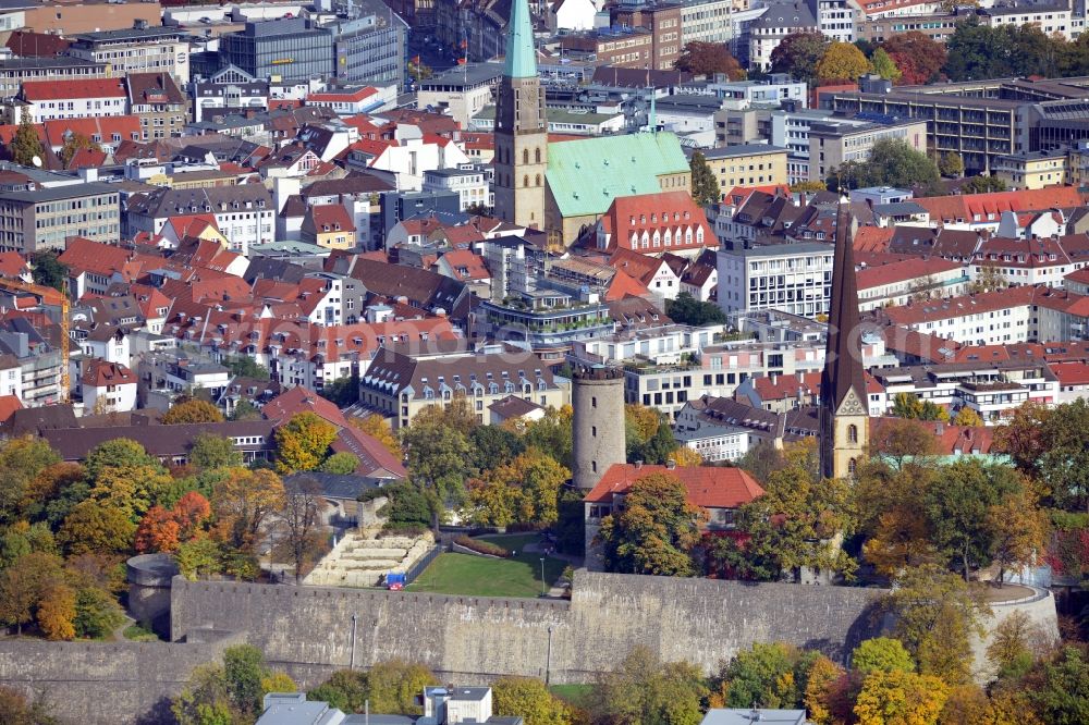 Bielefeld from above - View of the Castle and Fortress Sparrenberg in Bielefeld in the state North Rhine-Westphalia. The Sparrenburg is a restored fortress in the district Mitte of Bielefeld. It is situated on the Sparrenberg in the Teutoburg Forest