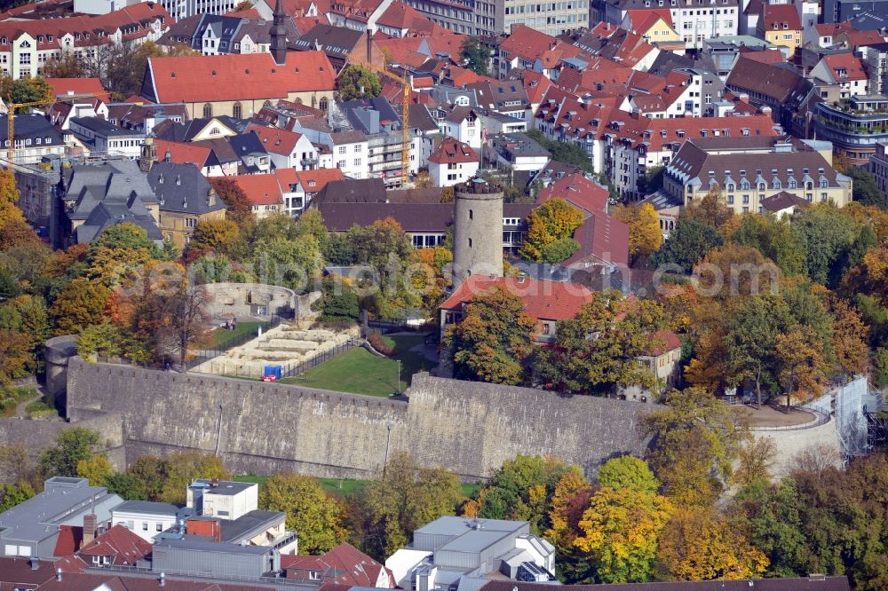 Aerial image Bielefeld - View of the Castle and Fortress Sparrenberg in Bielefeld in the state North Rhine-Westphalia. The Sparrenburg is a restored fortress in the district Mitte of Bielefeld. It is situated on the Sparrenberg in the Teutoburg Forest