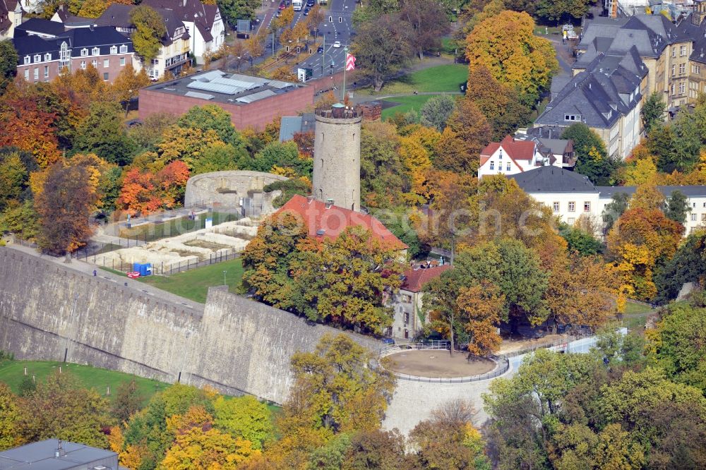 Bielefeld from the bird's eye view: View of the Castle and Fortress Sparrenberg in Bielefeld in the state North Rhine-Westphalia. The Sparrenburg is a restored fortress in the district Mitte of Bielefeld. It is situated on the Sparrenberg in the Teutoburg Forest