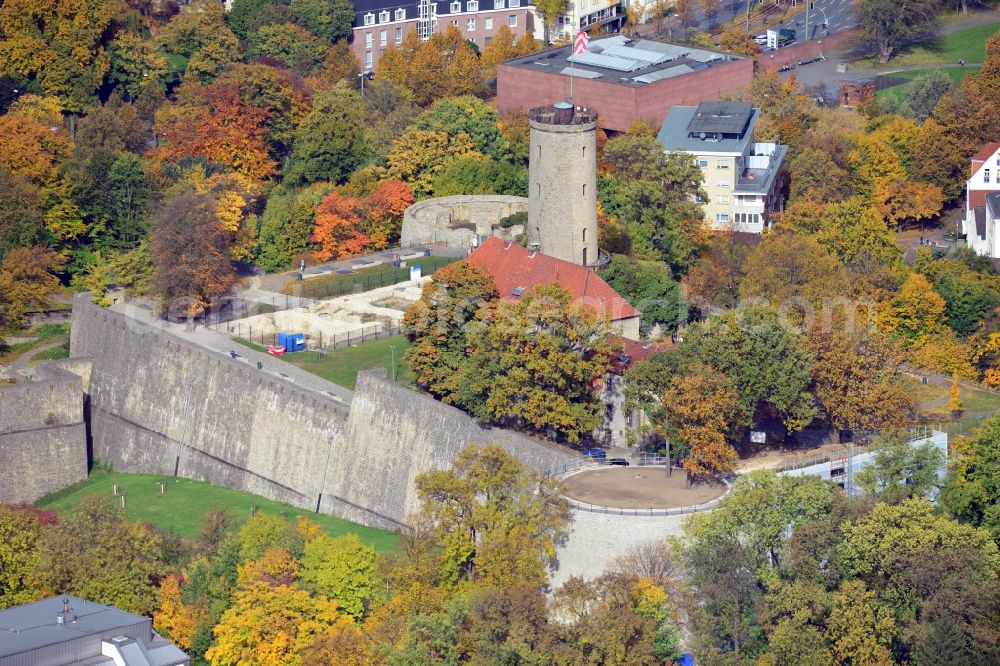 Aerial image Bielefeld - View of the Castle and Fortress Sparrenberg in Bielefeld in the state North Rhine-Westphalia. The Sparrenburg is a restored fortress in the district Mitte of Bielefeld. It is situated on the Sparrenberg in the Teutoburg Forest