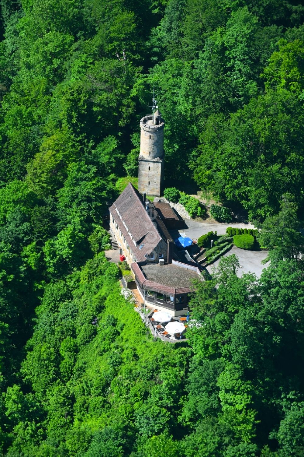 Bad Driburg from the bird's eye view: Castle of the fortress Iburg with dem Kaiser-Karl-Turm in Bad Driburg in the state North Rhine-Westphalia, Germany