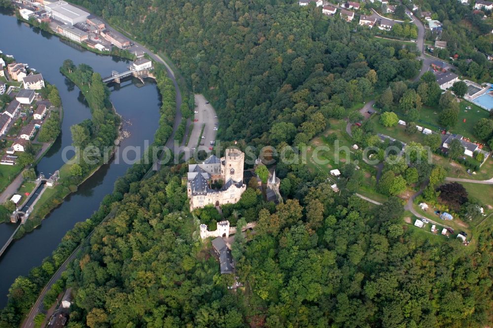 Aerial image Lahnstein - Castle Lahneck on a hill on the riverside of the Lahn in Lahnstein in Rhineland-Palatinate. The castle is part of the UNESCO world heritage