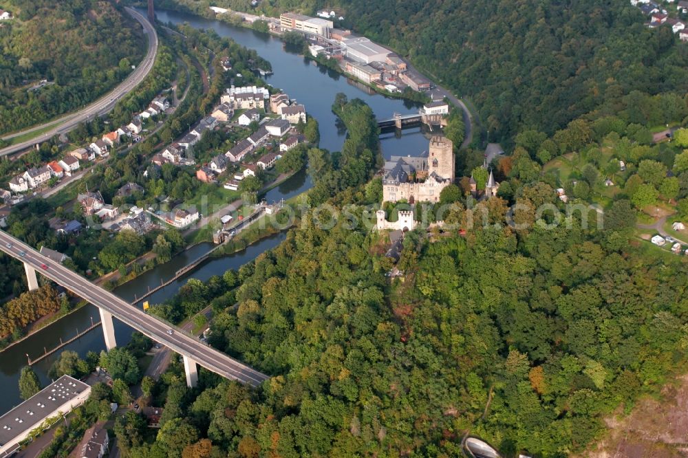 Aerial image Lahnstein - View of the Castle Lahneck with woody mountain and the valley of the river Lahn. The castle is situated on a hill in the Oberlahnstein district in Lahnstein in Rhineland-Palatinate