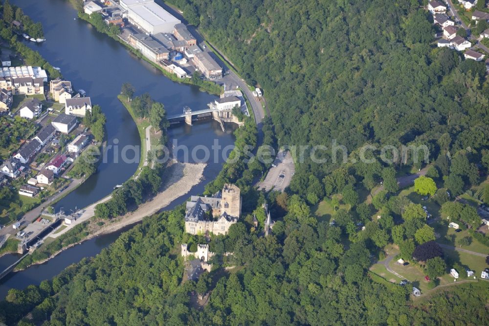 Aerial photograph Lahnstein - Castle Lahneck on a hill on the riverside of the Lahn in Lahnstein in Rhineland-Palatinate. The castle is part of the UNESCO world heritage