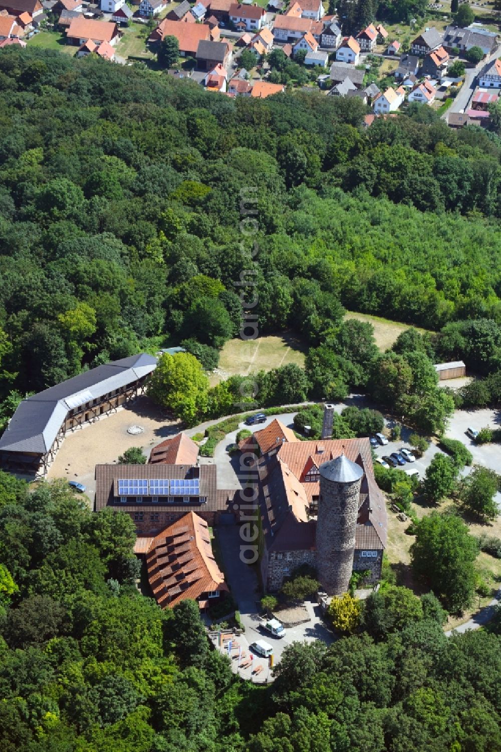 Witzenhausen from above - Castle of the fortress Ludwigstein in Witzenhausen in the state Hesse, Germany