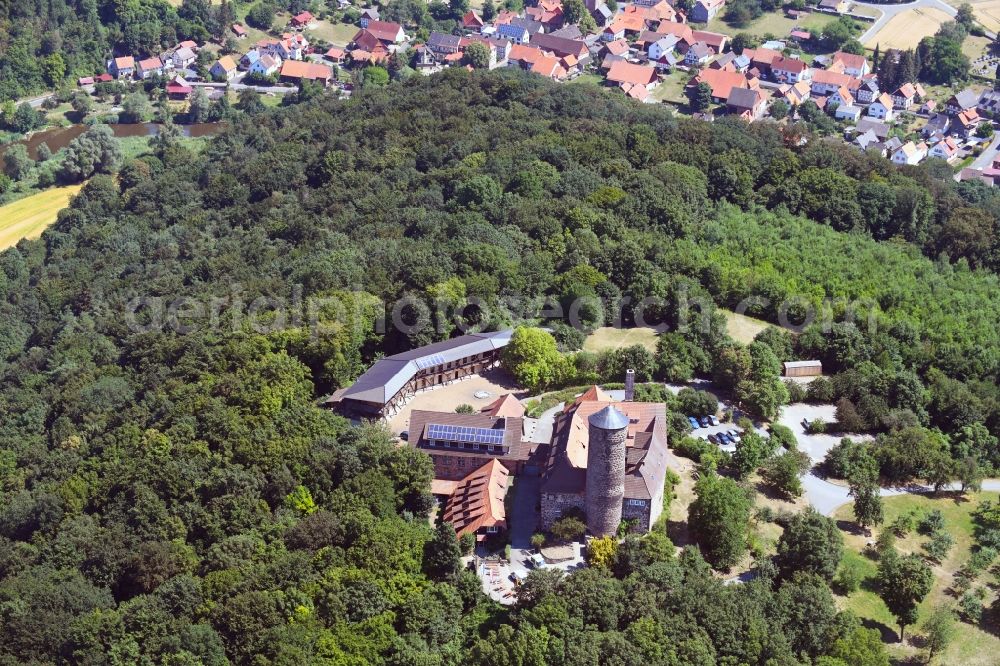 Witzenhausen from the bird's eye view: Castle of the fortress Ludwigstein in Witzenhausen in the state Hesse, Germany