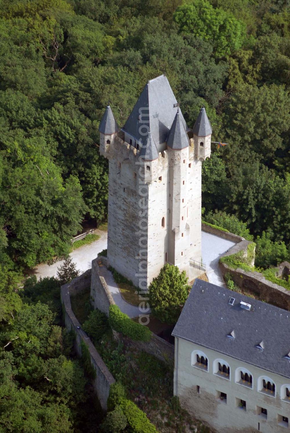 Aerial image Nassau - Die Burg Nassau erhebt sich nahe dem gleichnamigen Ort Nassau auf einem Felskegel 120 Meter über der Lahn im Rhein-Lahn-Kreis und ist ein typisches Beispiel für eine Gipfelburg. Ihre Erbauer entstammten dem Adelsgeschlecht, das heute noch die Herrscher der Niederlande und Luxemburgs stellt. Erste Erwähnung findet die Burg Nassau 1093 mit Nennung des Grafen Dudo von Laurenburg in der ersten Stiftungsurkunde des Klosters Maria Laach. Da die Urkunde aber in Kreisen von Historikern als Fälschung gilt, ist diese Jahreszahl keine verlässliche Angabe. Die verbürgten Anfänge der Burg datieren um das Jahr 1100. 1120 nahmen Ruprecht I. von Laurenburg (auch Rupert I.) und sein Bruder Arnold I. den Nassauer Burgberg mitsamt dem darauf stehenden Wohnturm in Besitz. Sie ließen die Burganlage 1124 umgestalten und erweitern.Da die Burg zur damaligen Zeit jedoch auf dem Grund und Boden des Bistums Worms stand, entwickelte sich aus der Besitznahme der beiden Brüder ein erbitterter Streit zwischen ihrer Familie und dem Domstift zu Worms, der erst 1159 durch Intervention des Trierer Erzbischofs Hillin von Fallemanien beigelegt werden konnte. Die Laurenburger Grafenfamilie verzichtete auf ihr Allodialrecht und wurde im Gegenzug vom Erzbischof zu Trier mit Burg und Herrschaft Nassau belehnt. Fortan nannten sich die Laurenburger nach ihrer neuen Stammburg Grafen von Nassau.