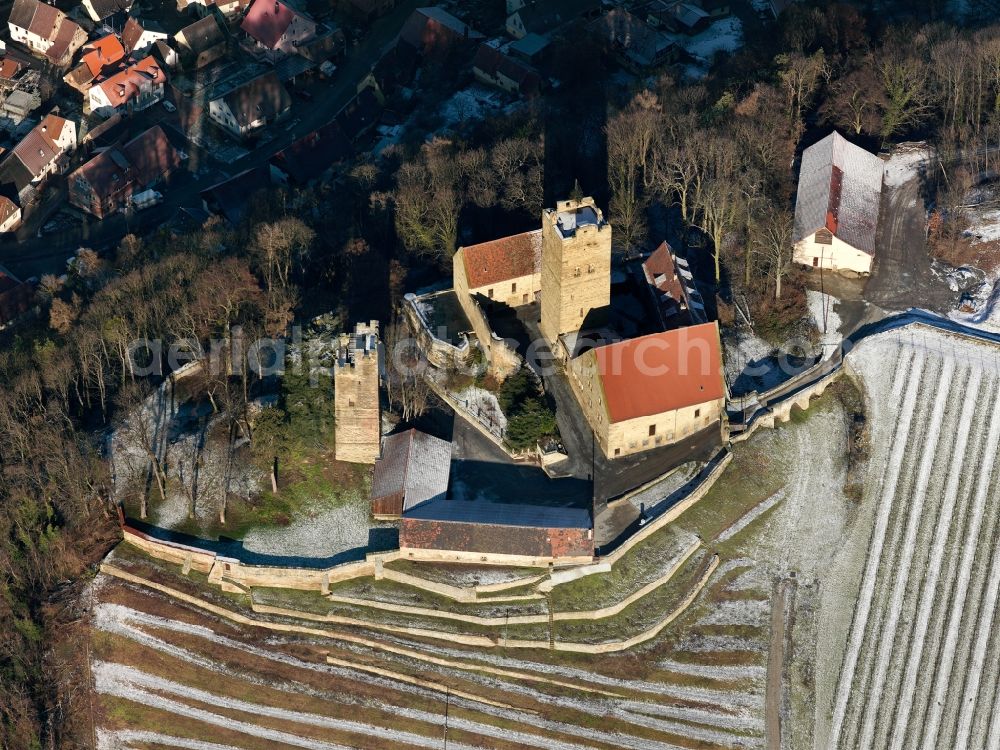 Neipperg from above - The Neipperg village in the county of Heilbronn in the state of Baden-Württemberg. Neipperg has become a part of the city of Brackenheim in 1974. It is located below the Neipperg Fortress at the Heuchelberg mountain. The castle is visible within the winterlandscape