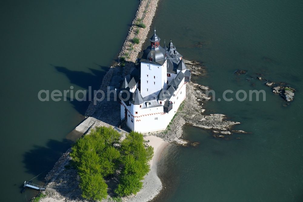 Aerial image Kaub - Castle of the fortress Pfalzgrafenstein Castle in the district Falkenau in Kaub in the state Rhineland-Palatinate, Germany