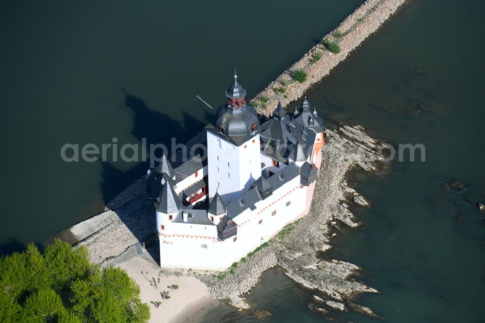 Aerial image Kaub - Castle of the fortress Pfalzgrafenstein Castle in the district Falkenau in Kaub in the state Rhineland-Palatinate, Germany