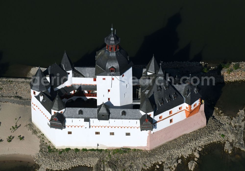 Kaub from above - Castle of the fortress Pfalzgrafenstein Castle in the district Falkenau in Kaub in the state Rhineland-Palatinate, Germany