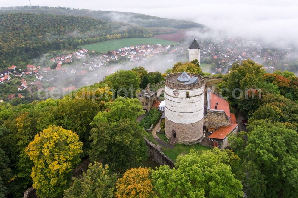 Bovenden from above - Burg Plesse with landscape and fog in Bovenden in the state of Lower Saxony