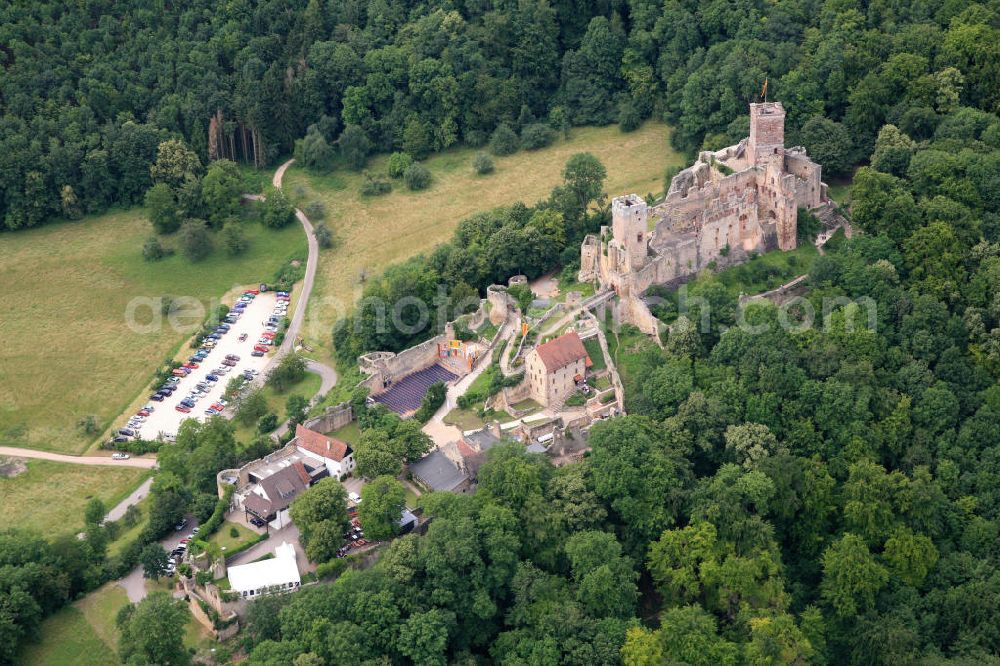 Aerial image Lörrach - Blick auf die Burg Rötteln oberhalb des Lörracher Stadtteils Haagen im Weiler Rötteln, im Volksmund auch Röttler Schloss genannt. Die Burg liegt im äußersten Südwesten Baden-Württembergs. Die Festung war eine der mächtigsten im Südwesten und ist heute die drittgrößte Burgruine Badens und Schauplatz der Burgfestspiele Rötteln. Views of the castle Rötteln in Lörrach.