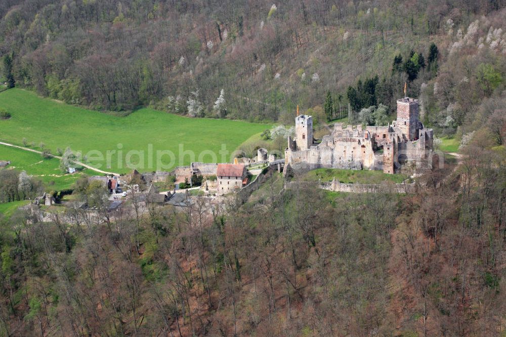 Lörrach from the bird's eye view: Blick auf die Burg Rötteln oberhalb des Lörracher Stadtteils Haagen im Weiler Rötteln, im Volksmund auch Röttler Schloss genannt. Die Burg liegt im äußersten Südwesten Baden-Württembergs. Die Festung war eine der mächtigsten im Südwesten und ist heute die drittgrößte Burgruine Badens und Schauplatz der Burgfestspiele Rötteln. Views of the castle Rötteln in Lörrach.