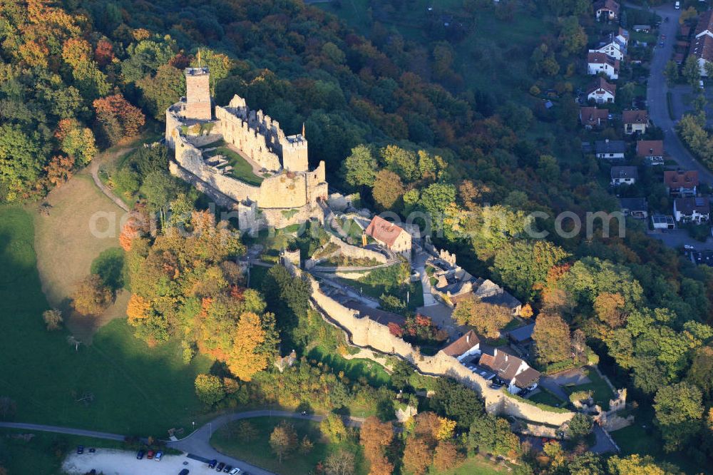 Lörrach from the bird's eye view: Blick auf die Burg Rötteln oberhalb des Lörracher Stadtteils Haagen im Weiler Rötteln, im Volksmund auch Röttler Schloss genannt. Die Burg liegt im äußersten Südwesten Baden-Württembergs. Die Festung war eine der mächtigsten im Südwesten und ist heute die drittgrößte Burgruine Badens und Schauplatz der Burgfestspiele Rötteln. Views of the castle Rötteln in Lörrach.