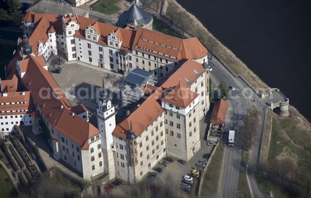 Torgau from the bird's eye view: The castle / palace Hartenfels is situated in Torgau close to the river elbe. It belongs to the federal state of Saxony. The construction was startes by Konrad Pflueger and finished by Konrad Krebs during the time of renaissance. The chapell of the castle was the first protestant church in the world and was built by Nikolaus Gromann