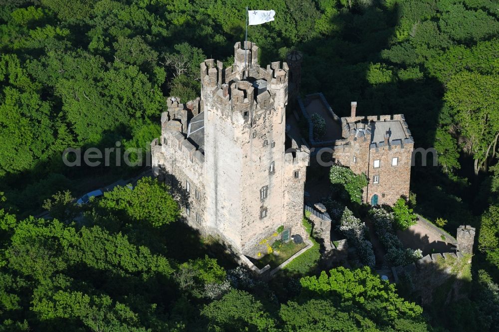 Aerial image Niederheimbach - Castle of the fortress Sooneck Castle in Niederheimbach in the state Rhineland-Palatinate, Germany