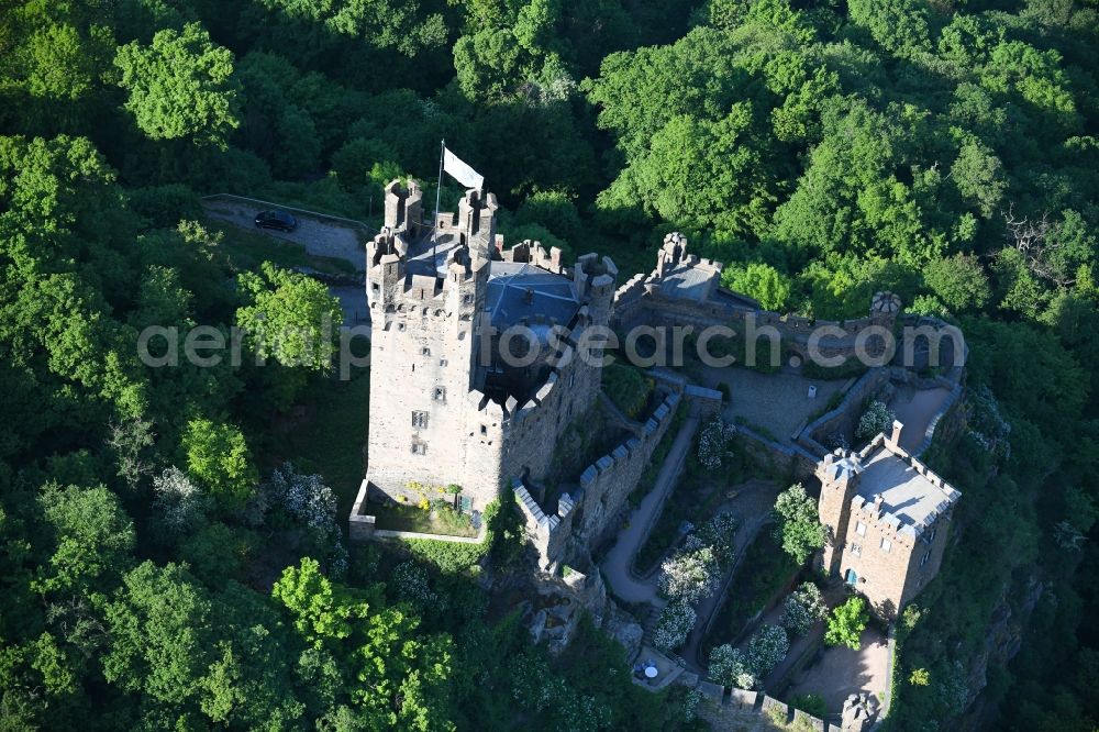 Niederheimbach from above - Castle of the fortress Sooneck Castle in Niederheimbach in the state Rhineland-Palatinate, Germany