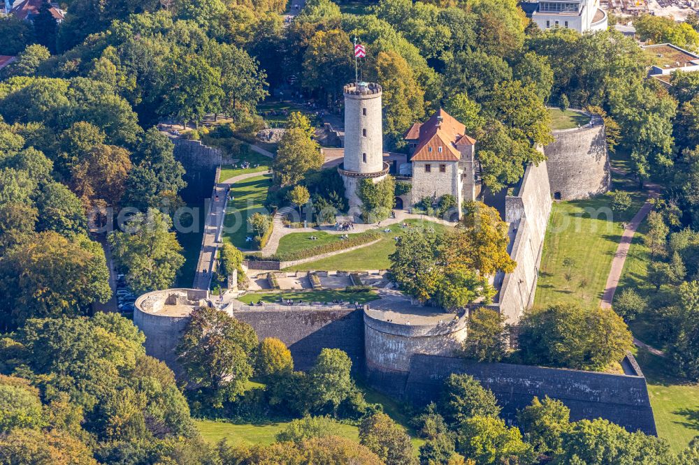 Bielefeld from above - Castle of the fortress Sparrenburg in Bielefeld in the state North Rhine-Westphalia, Germany