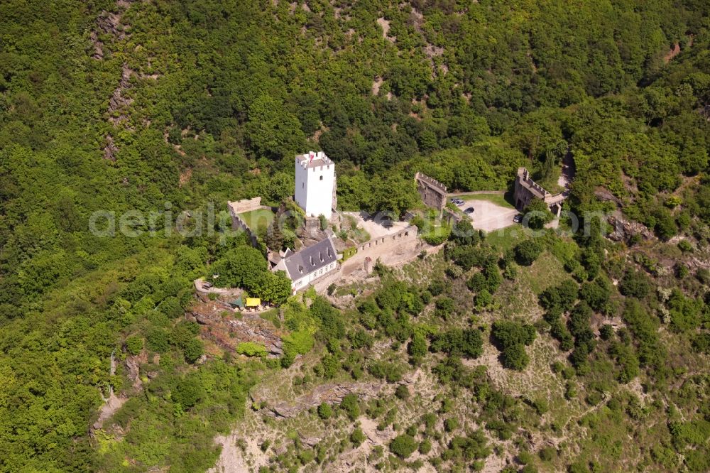 Aerial image Kamp-Bornhofen - Sterrenberg castle restaurant on the riverbanks of the Rhine in Kamp-Bornhofen in the state of Rhineland-Palatinate