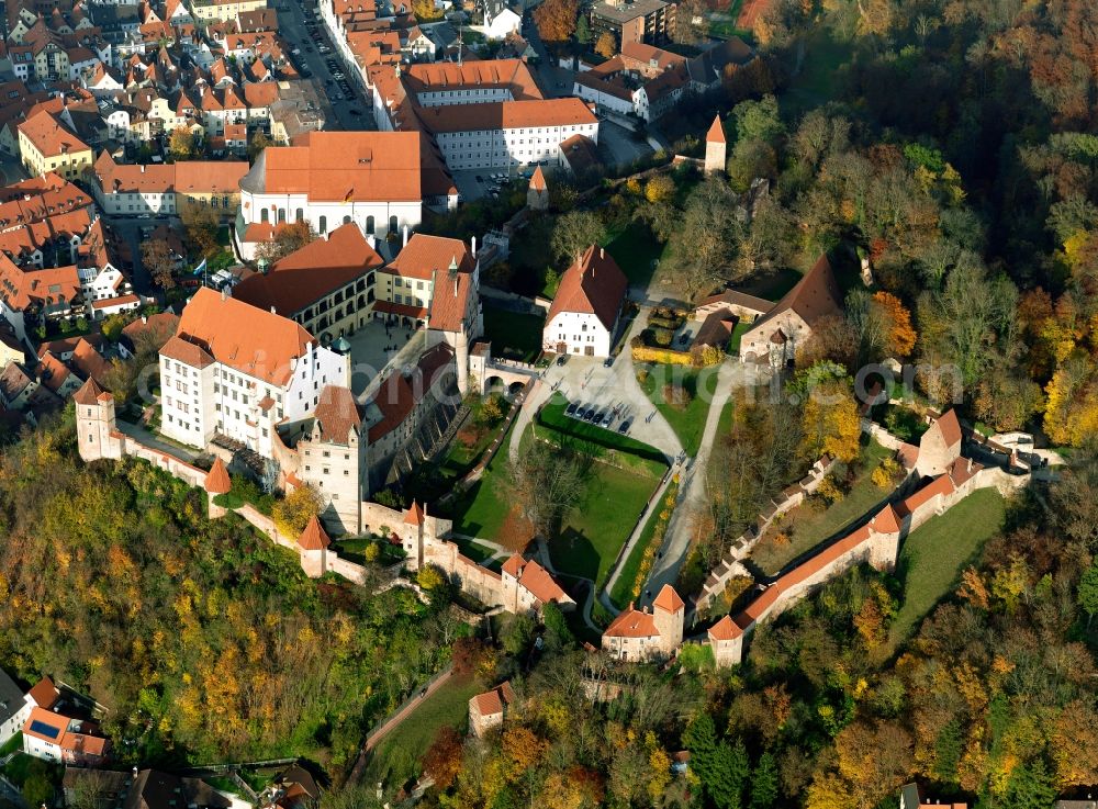 Landshut from the bird's eye view: Castle Trausnitz in the city of Landshut in the state of Bavaria. The castle is located on a hill - the court mountain - in the south of the historic city centre. It is surrounded by forest and the garden, the former castle park. The compound was first built in the 12th century and refurbished and renamed in the 16th century. Later there were baroque adaptions. Today, it is home to the Wunderkammer, a part of the Bavarian National Museum