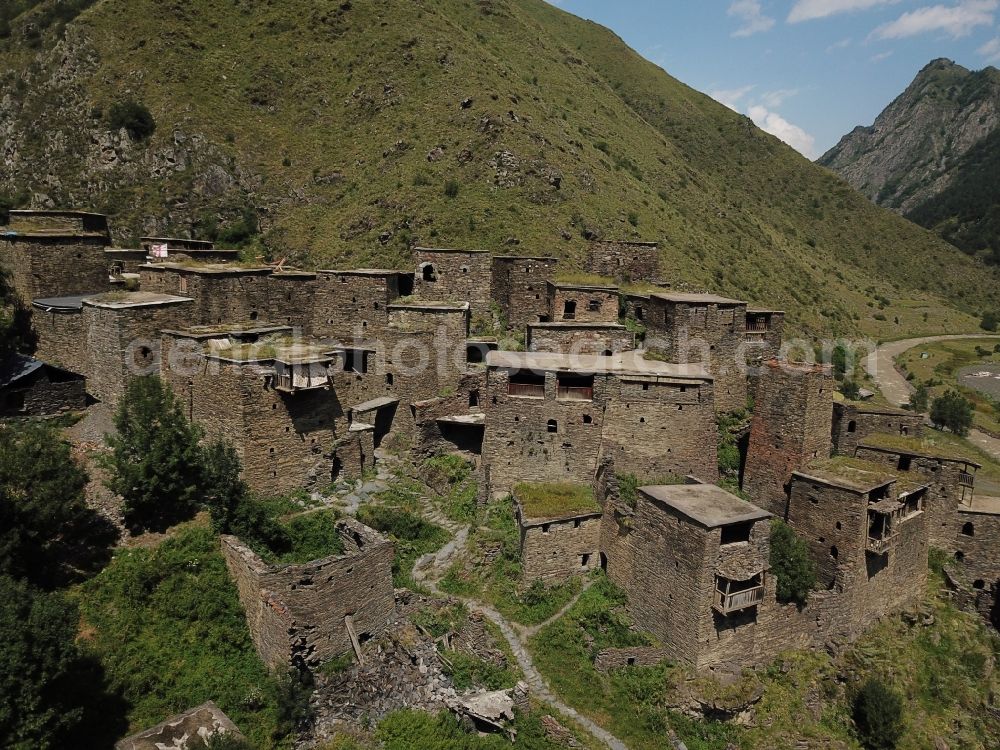 Schatili from above - Castle of the fortress and fortified village in Schatili in Mtskheta-Mtianeti, Georgia