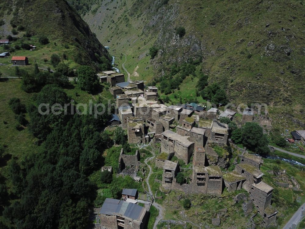 Schatili from above - Castle of the fortress and fortified village in Schatili in Mtskheta-Mtianeti, Georgia