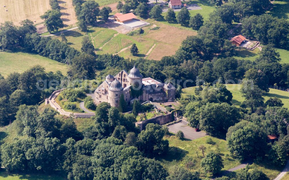 Hofgeismar from above - Castle complex on the plateau Sababurg on street Sababurg in Hofgeismar in the state Hesse, Germany