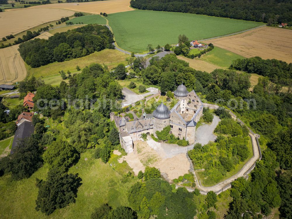 Aerial image Hofgeismar - Castle complex on the plateau Sababurg on street Sababurg in Hofgeismar in the state Hesse, Germany