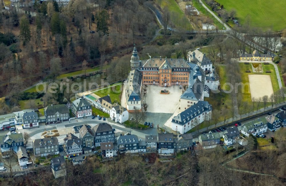 Aerial photograph Bad Berleburg - Castle complex on the plateau Schloss Berleburg on place Goetheplatz in Bad Berleburg at Siegerland in the state North Rhine-Westphalia, Germany