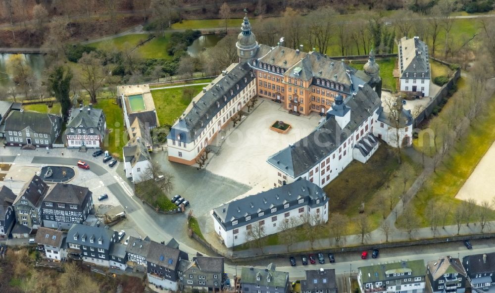 Bad Berleburg from above - Castle complex on the plateau Schloss Berleburg on place Goetheplatz in Bad Berleburg at Siegerland in the state North Rhine-Westphalia, Germany