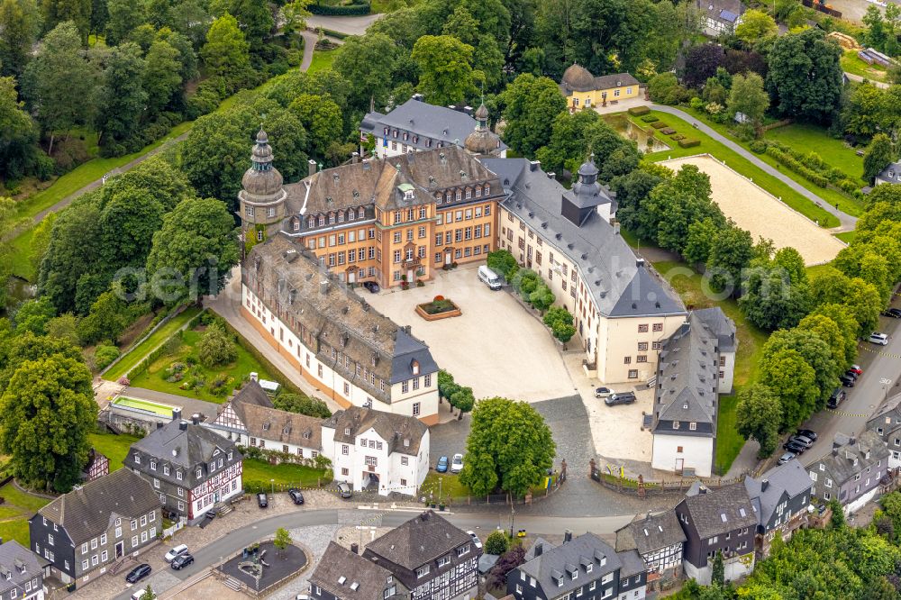 Aerial image Bad Berleburg - Castle complex on the plateau Schloss Berleburg on place Goetheplatz in Bad Berleburg at Siegerland in the state North Rhine-Westphalia, Germany