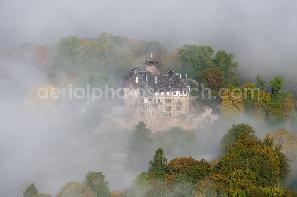 Witzenhausen from above - Castle of Schloss Berlepsch in fog near Witzenhausen in the state Hesse