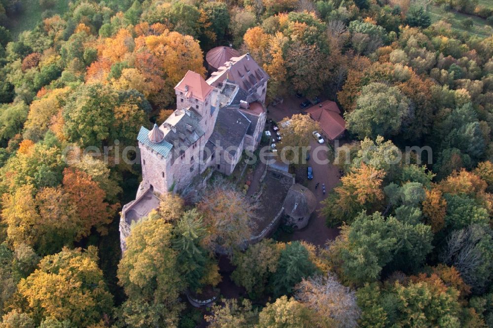 Erlenbach bei Dahn from the bird's eye view: Castle of Schloss Berwartstein in Erlenbach in autumn colurs bei Dahn in the state Rhineland-Palatinate