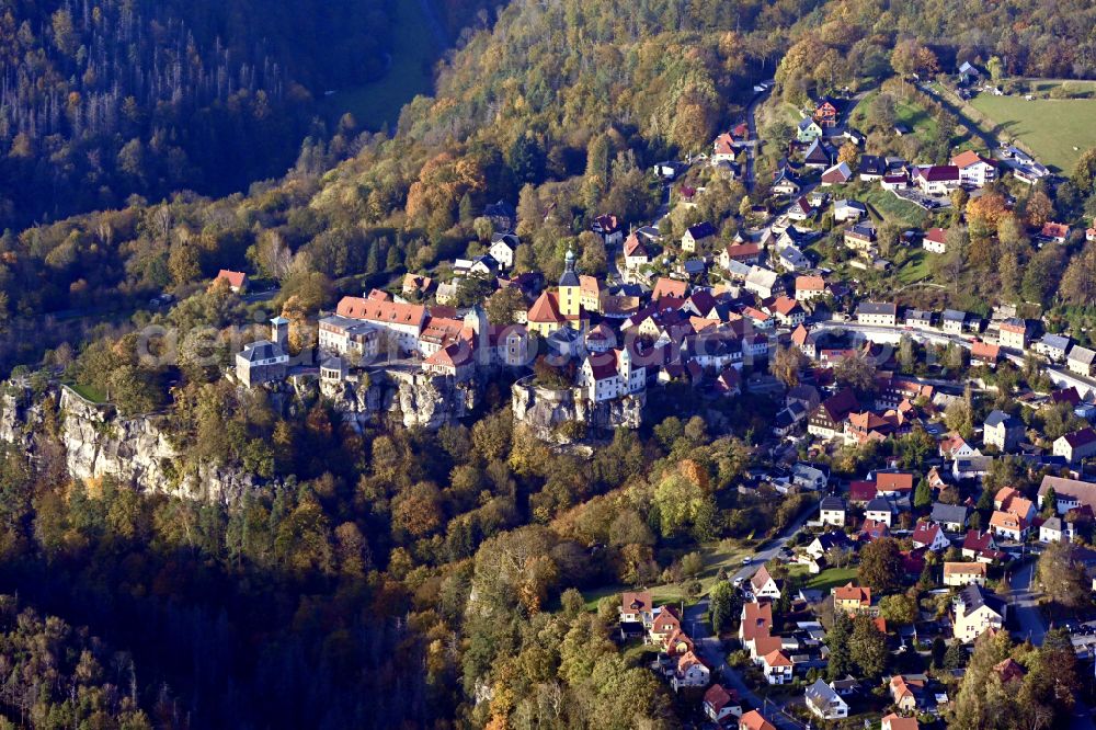 Hohnstein from the bird's eye view: Castle of Hohnstein castle in Hohnstein in the state Saxony, Germany