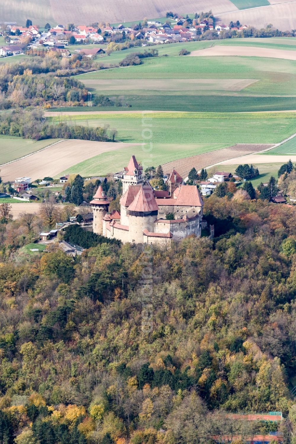 Aerial image Leobendorf - Castle of Burg Kreuzenstein in Leobendorf in Lower Austria, Austria