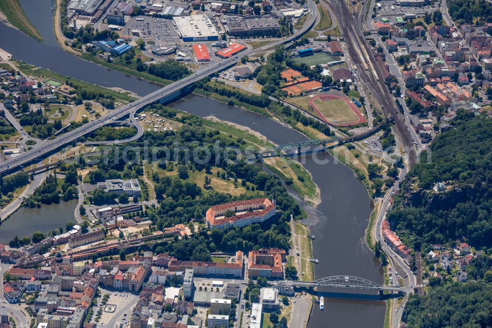 Aerial image Decin - Castle of on street Dlouha Jizda in Decin in Ustecky kraj - Aussiger Region, Czech Republic