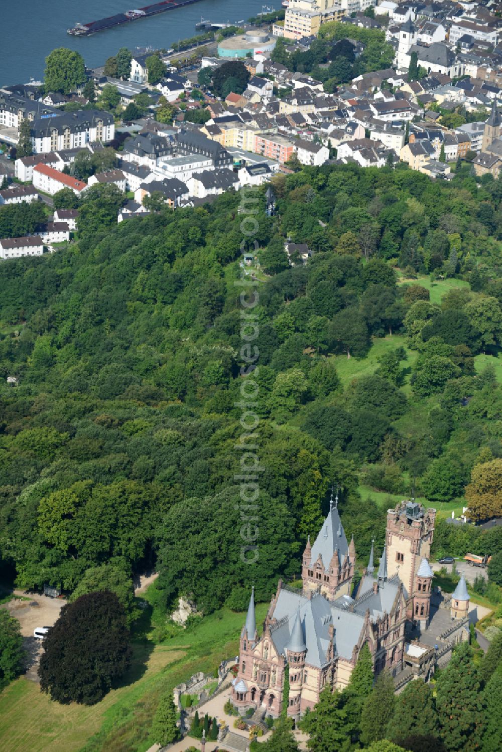 Königswinter from the bird's eye view: Castle complex on the plateau Schloss Drachenburg on street Drachenfelsstrasse in Koenigswinter in the state North Rhine-Westphalia, Germany